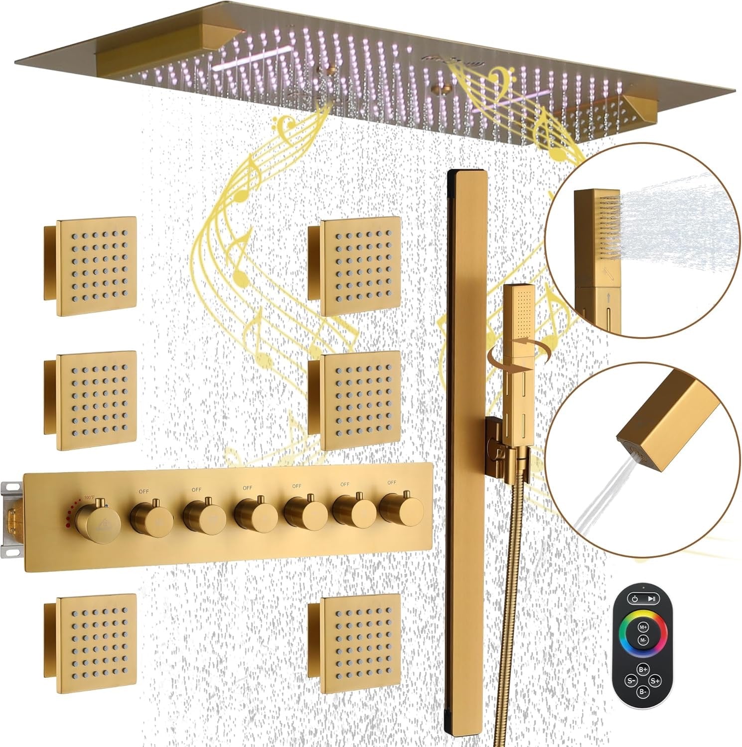 CASAINC 35x16 Thermostatic Shower System 6 Function | Luxury LED Music Full Body Shower Panel Brushed Gold