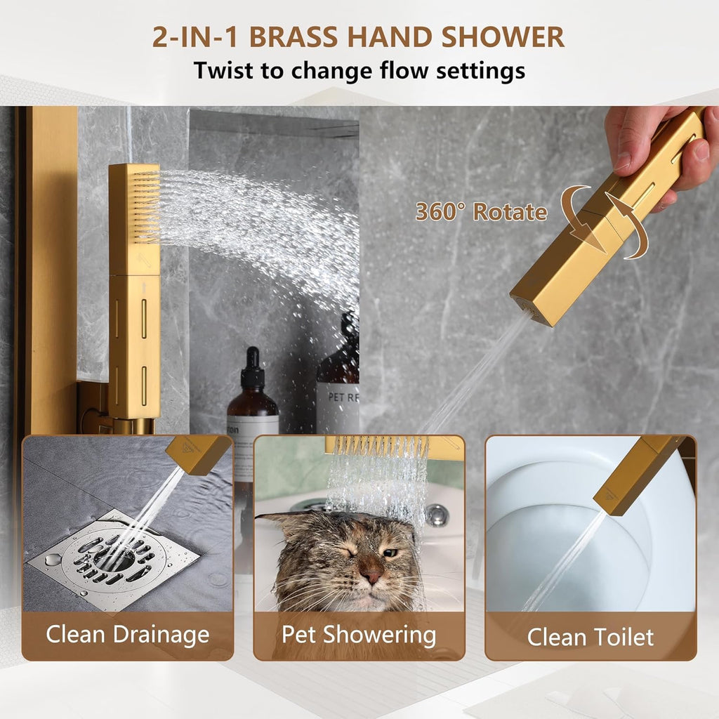 CASAINC 35x16 Thermostatic Shower System 6 Function | Luxury LED Music Full Body Shower Panel Brushed Gold