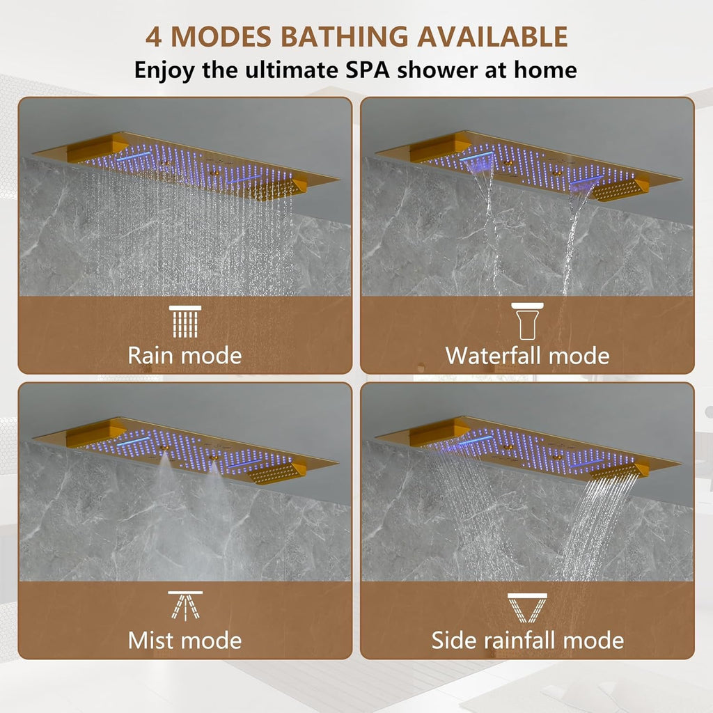 CASAINC 35x16 Thermostatic Shower System 6 Function | Luxury LED Music Full Body Shower Panel Brushed Gold