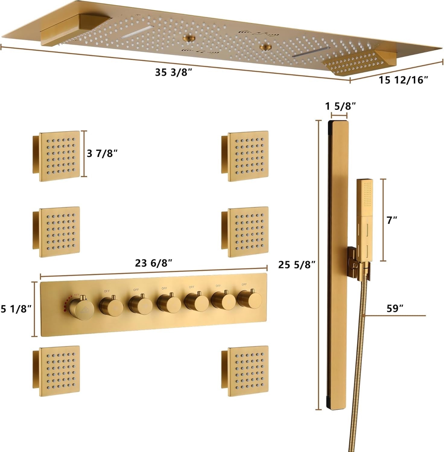 CASAINC 35x16 Thermostatic Shower System 6 Function | Luxury LED Music Full Body Shower Panel Brushed Gold