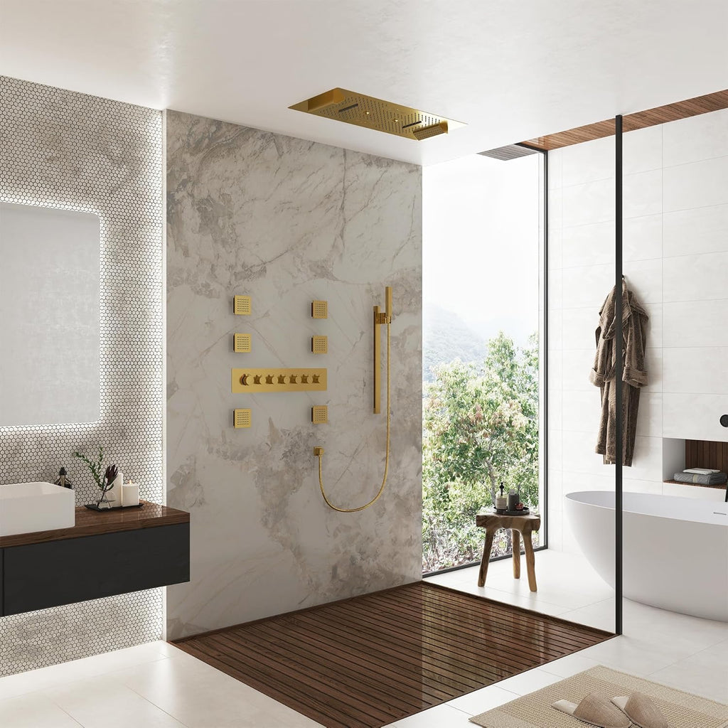 CASAINC 35x16 Thermostatic Shower System 6 Function | Luxury LED Music Full Body Shower Panel Brushed Gold