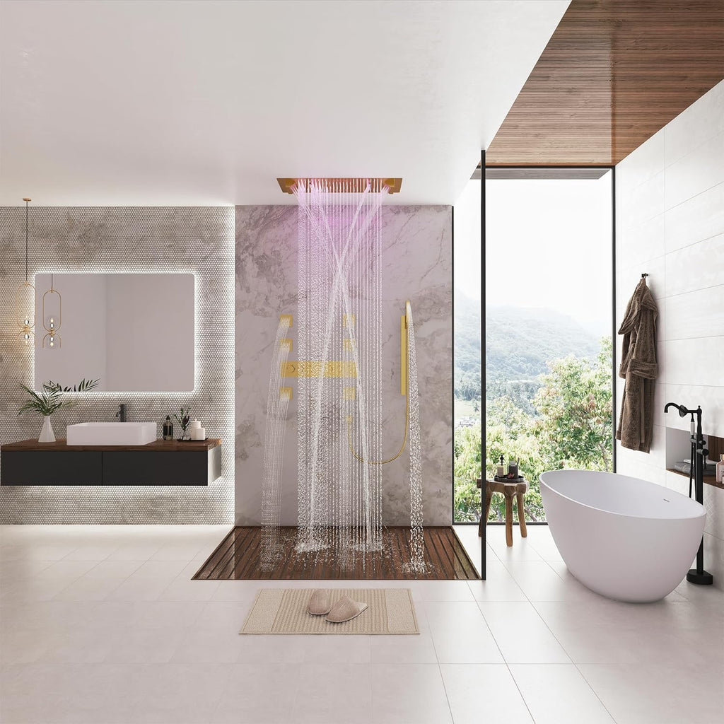 CASAINC 35x16 Thermostatic Shower System 6 Function | Luxury LED Music Full Body Shower Panel Brushed Gold