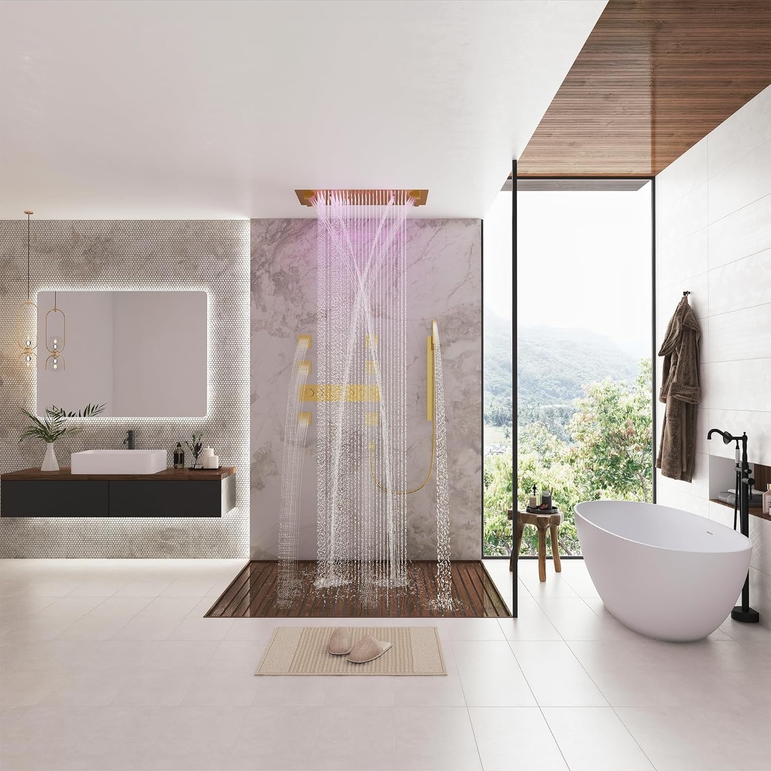 CASAINC 35x16 Thermostatic Shower System 6 Function | Luxury LED Music Full Body Shower Panel Brushed Gold