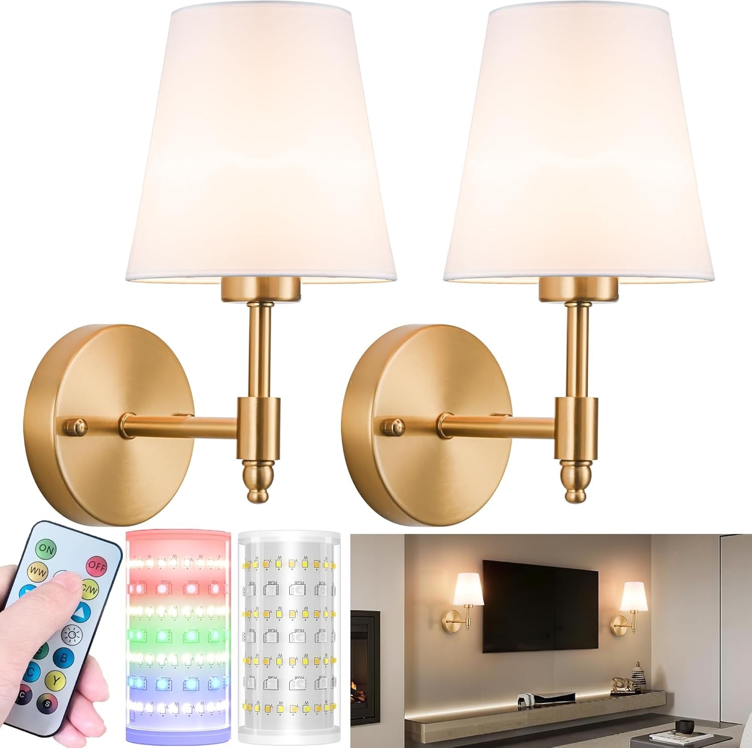 Wireless Battery-Operated Wall Sconces (Set of 2) | Rechargeable RGB Dimmable Lighting