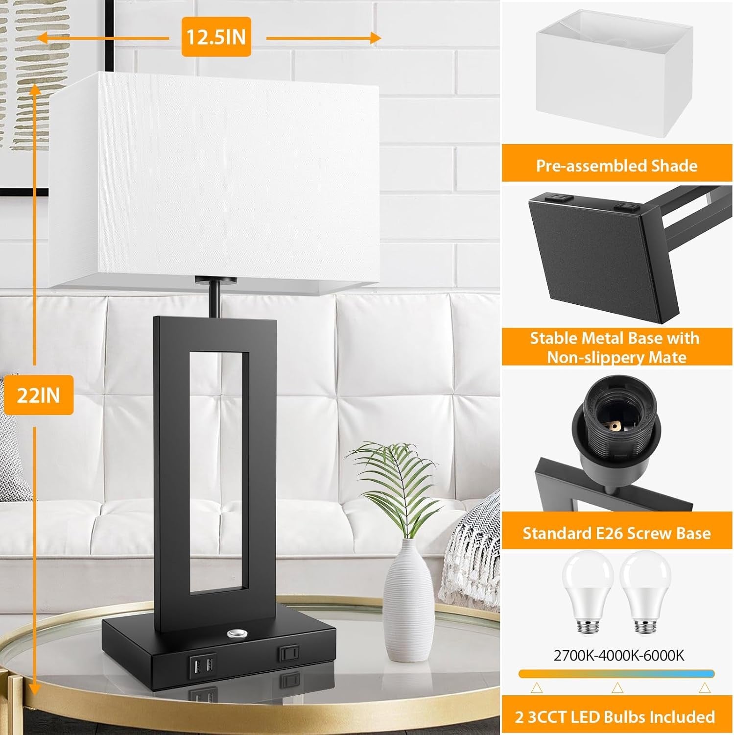 Set of 2 Touch Control Table Lamps 22" | 3 Color Temperatures Bedside Lamps with USB Ports & AC Outlet Stepless Dimmable