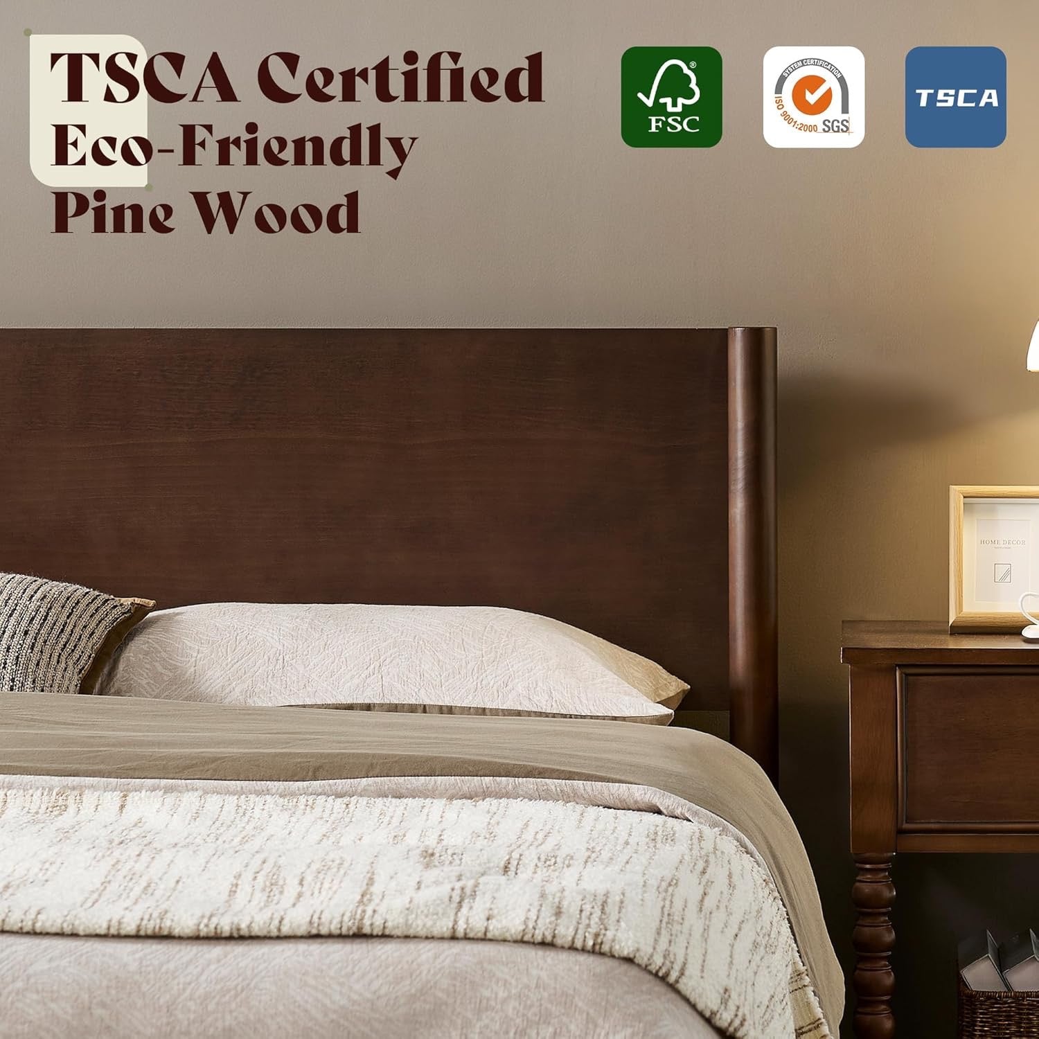 AMERLIFE Solid Wood Queen Platform Bed | Mid-Century Modern Dark Walnut Bed Frame with Panel Headboard
