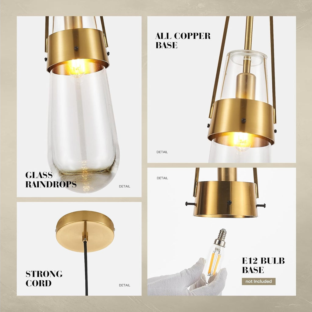 Raindrop Brass Glass Pendant Light | Modern Gold Teardrop Hanging Ceiling Fixture | Set of 2