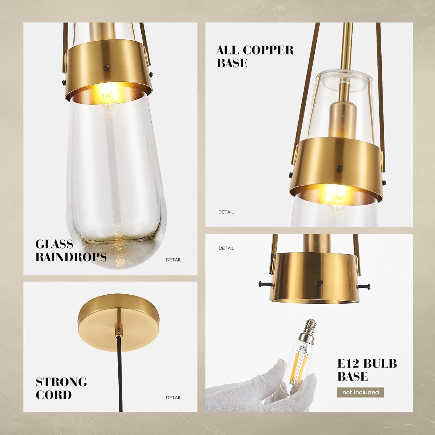 Raindrop Brass Glass Pendant Light | Modern Gold Teardrop Hanging Ceiling Fixture | Set of 2