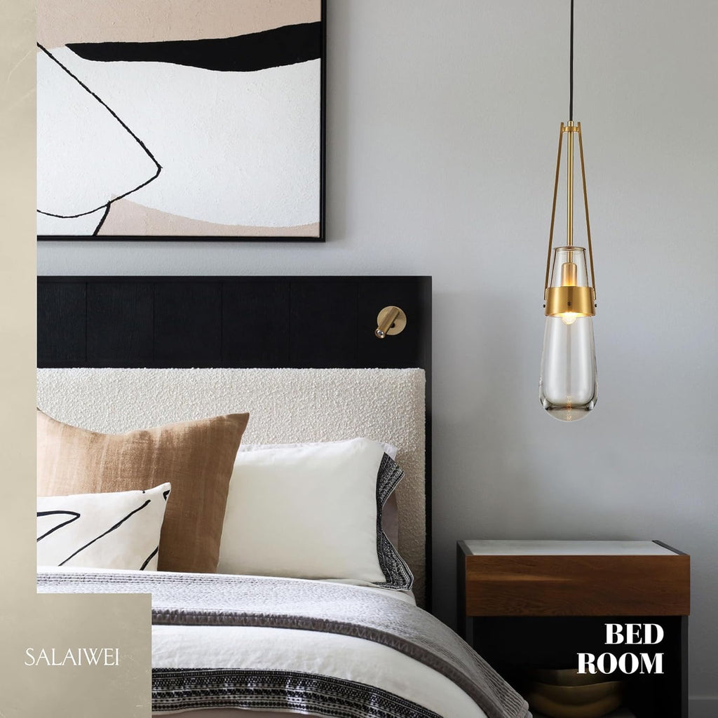 Raindrop Brass Glass Pendant Light | Modern Gold Teardrop Hanging Ceiling Fixture | Set of 2