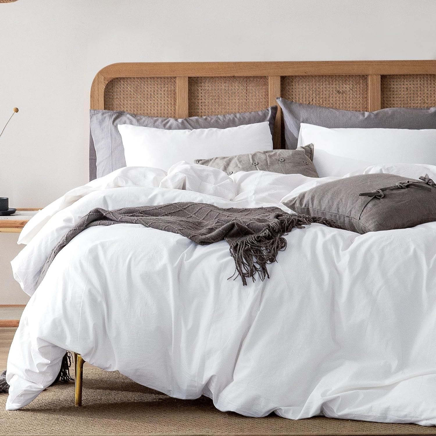 ATsense White Duvet Cover Set | Washed Cotton, Linen-Feel Hotel-Style Bedding (3-Piece)