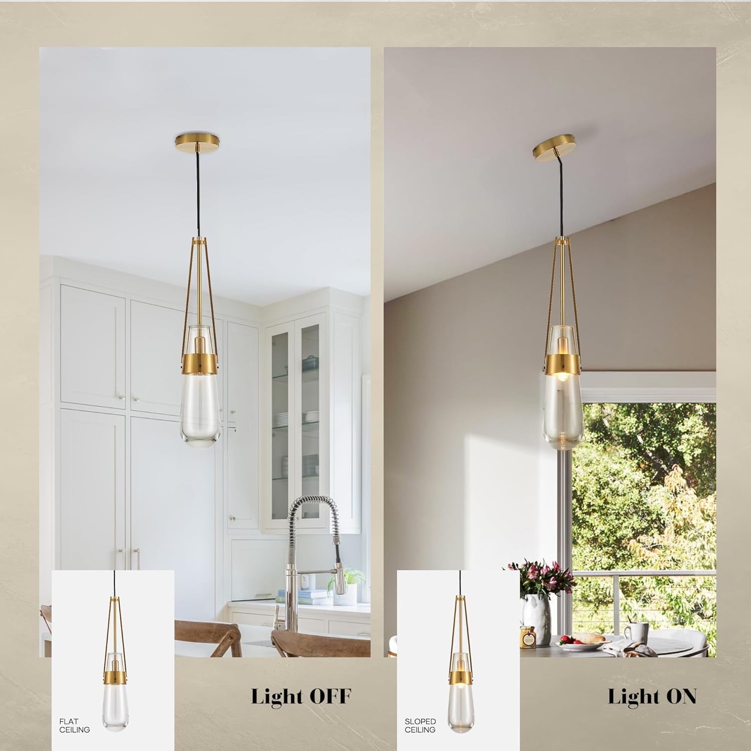 Raindrop Brass Glass Pendant Light | Modern Gold Teardrop Hanging Ceiling Fixture | Set of 2