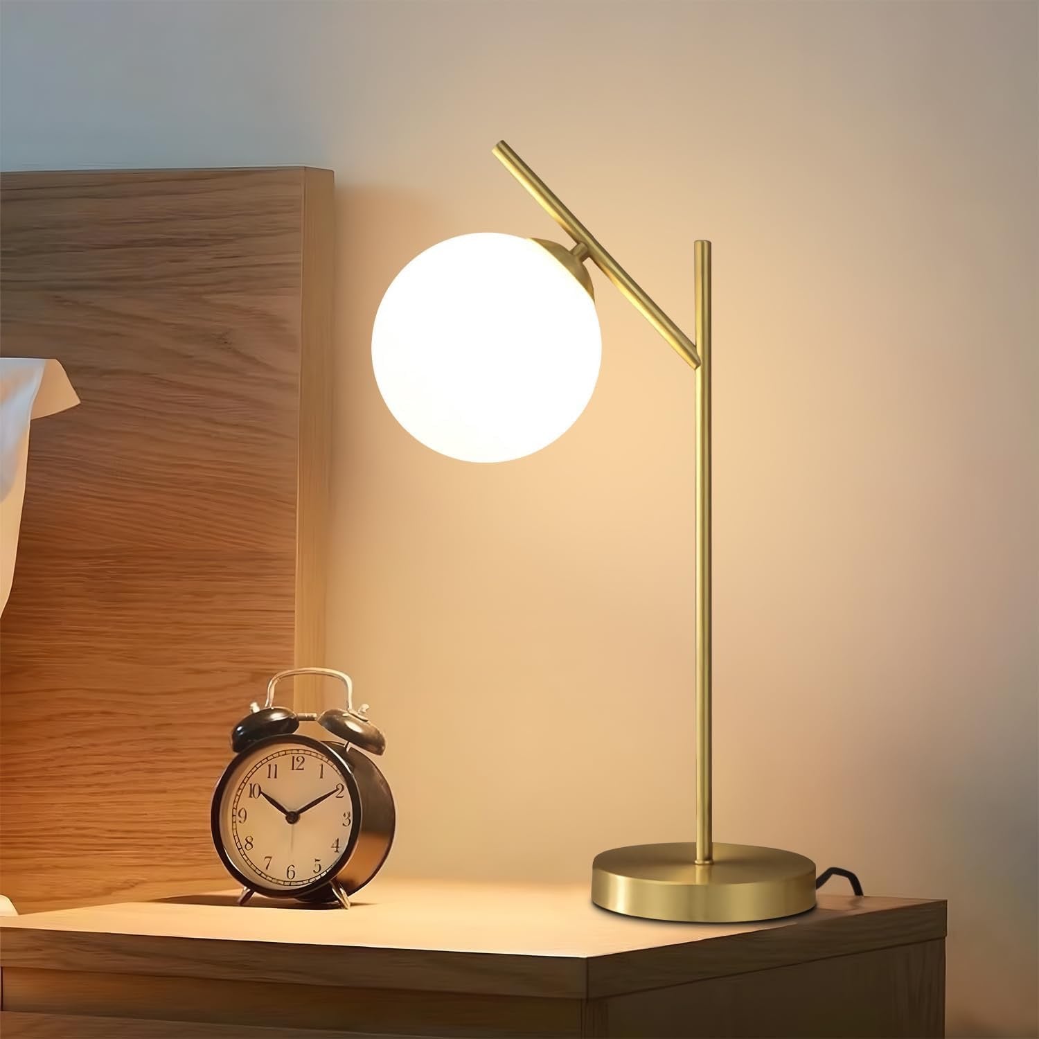 Mid Century Modern Table Lamp Brass Glass Globe | Contemporary Bedside Lamp with Milky White Glass Shade