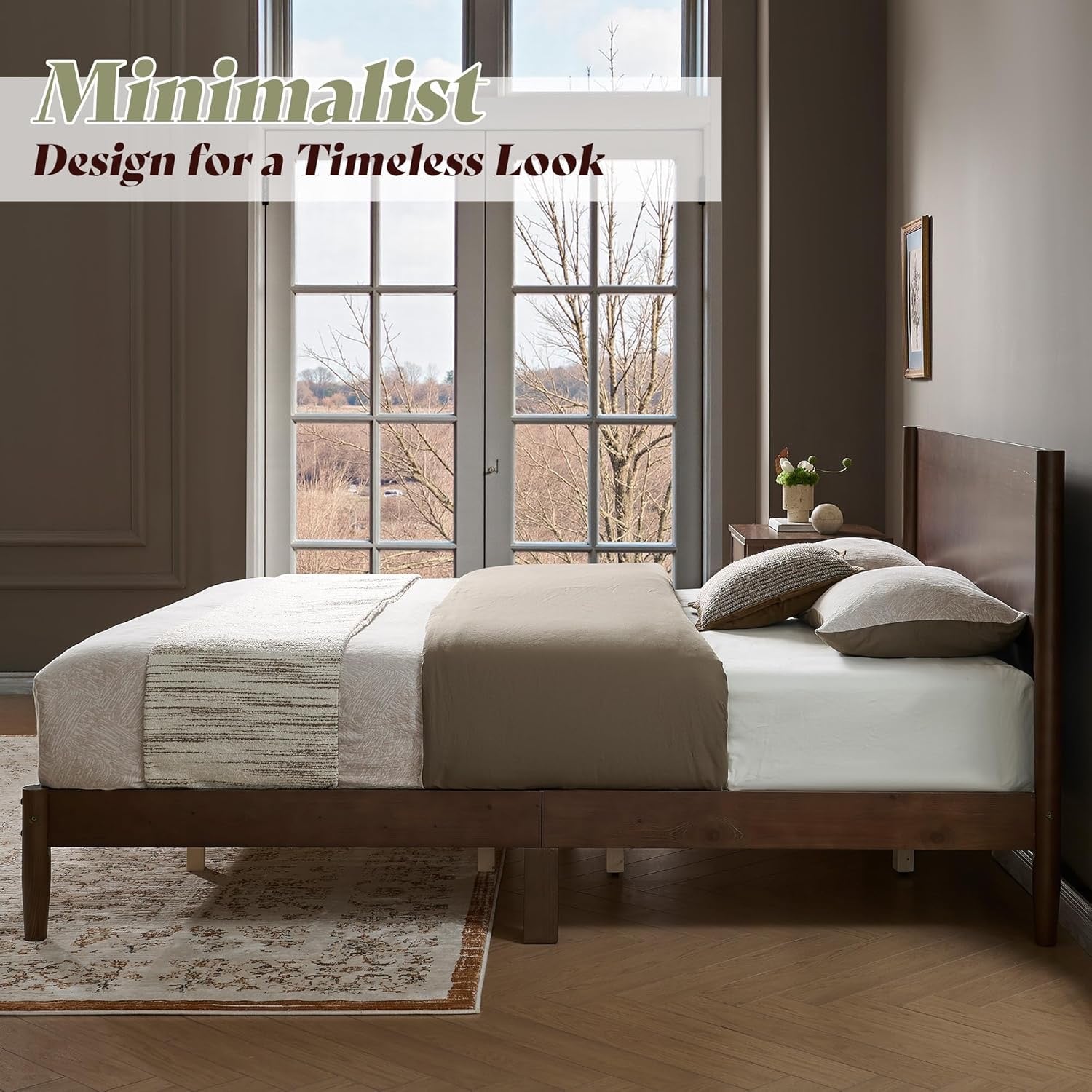 AMERLIFE Solid Wood Queen Platform Bed | Mid-Century Modern Dark Walnut Bed Frame with Panel Headboard