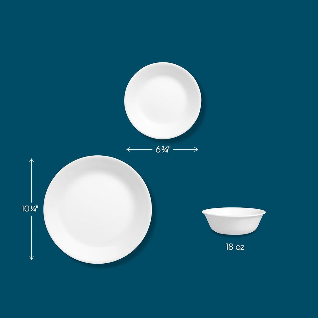 Corelle Vitrelle Dinnerware Set (18-Piece) | Chip-Resistant Winter Frost White Plates & Bowls Service for 6