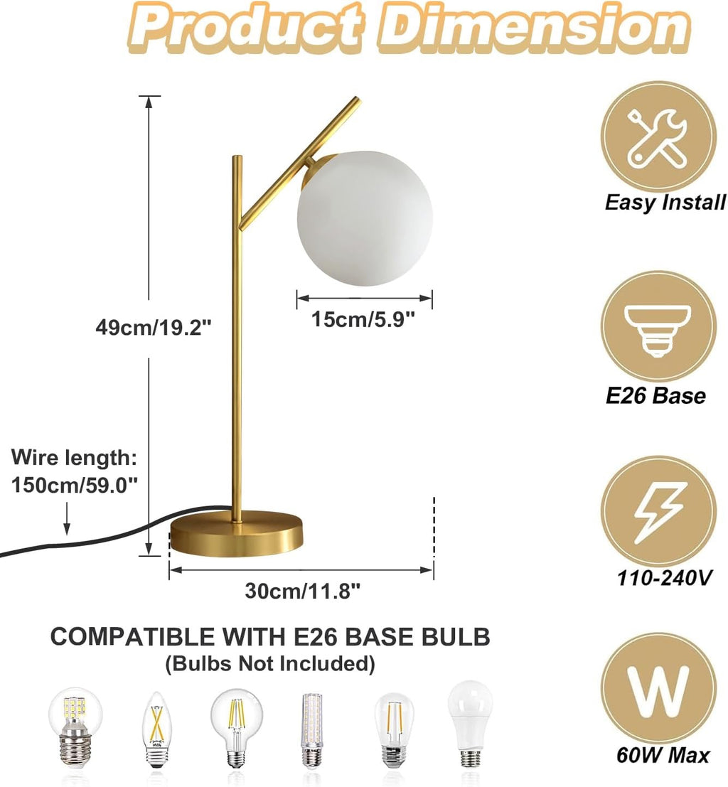 Mid Century Modern Table Lamp Brass Glass Globe | Contemporary Bedside Lamp with Milky White Glass Shade