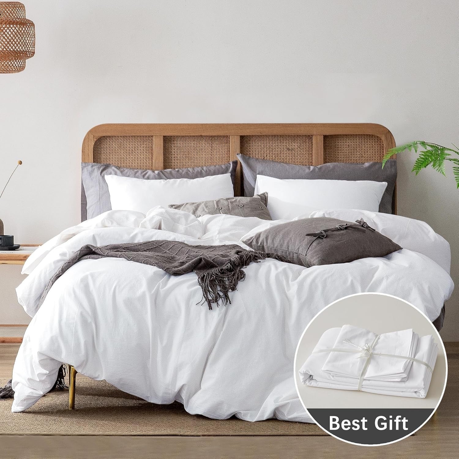 ATsense White Duvet Cover Set | Washed Cotton, Linen-Feel Hotel-Style Bedding (3-Piece)