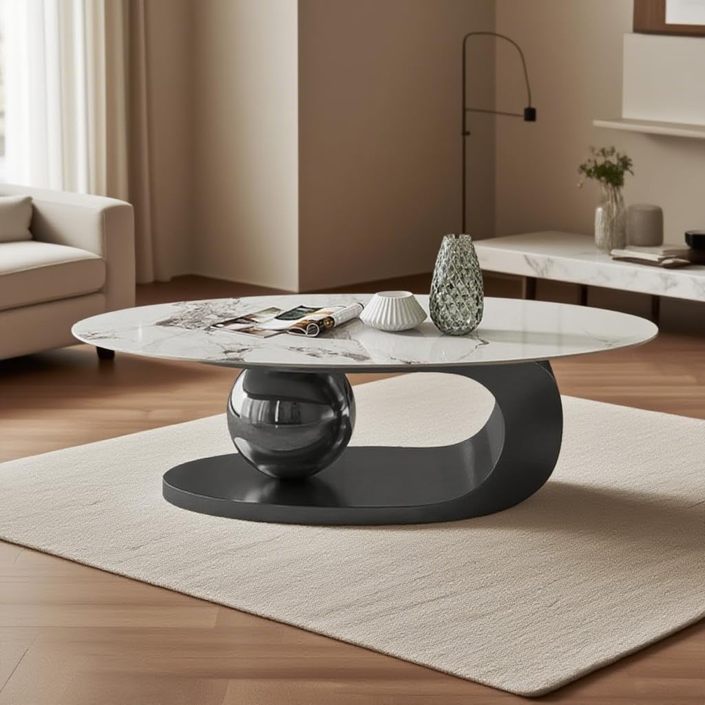 Modern Faux Marble Coffee Table | Abstract Oval Stone Coffee Table with Metal Base – 39"