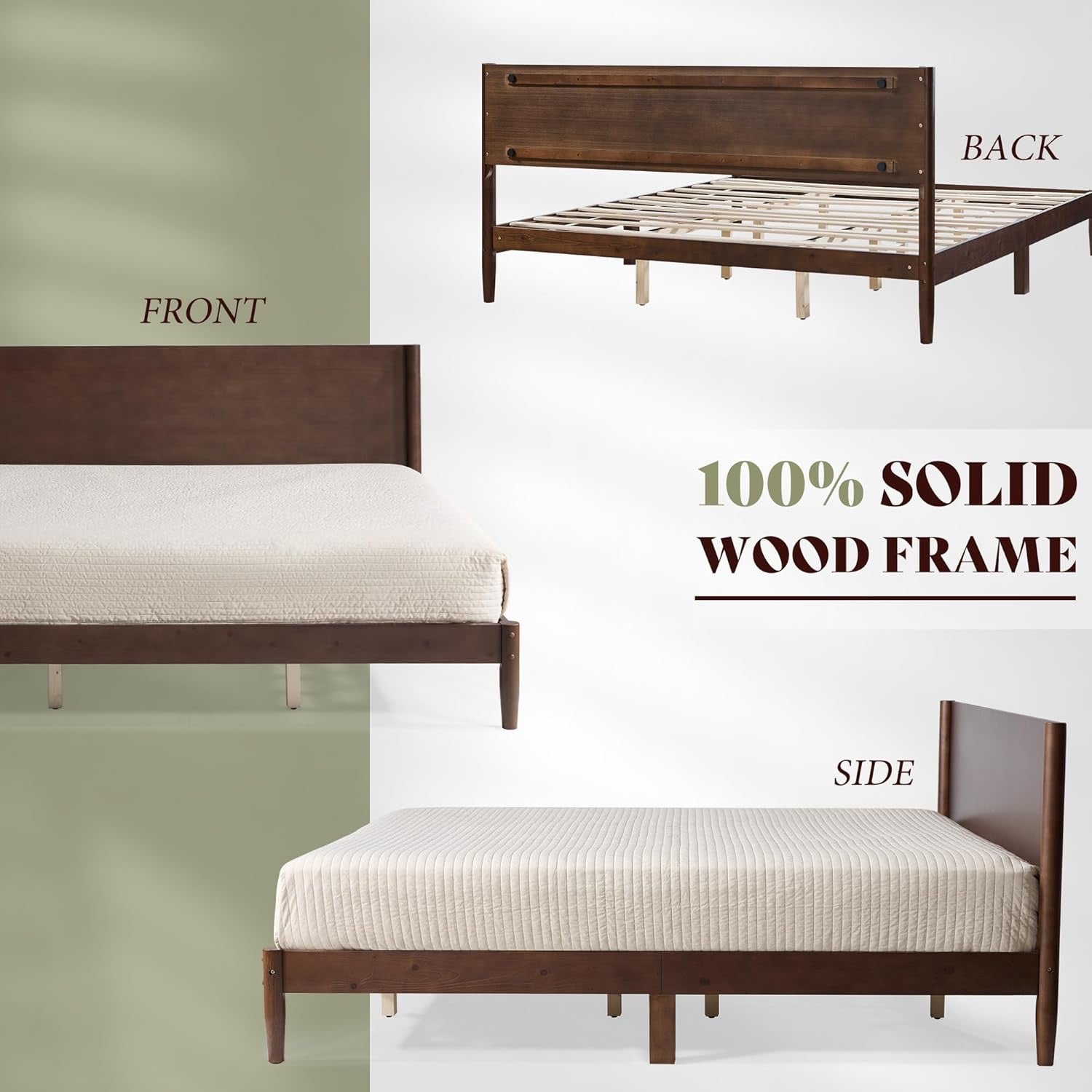 AMERLIFE Solid Wood Queen Platform Bed | Mid-Century Modern Dark Walnut Bed Frame with Panel Headboard