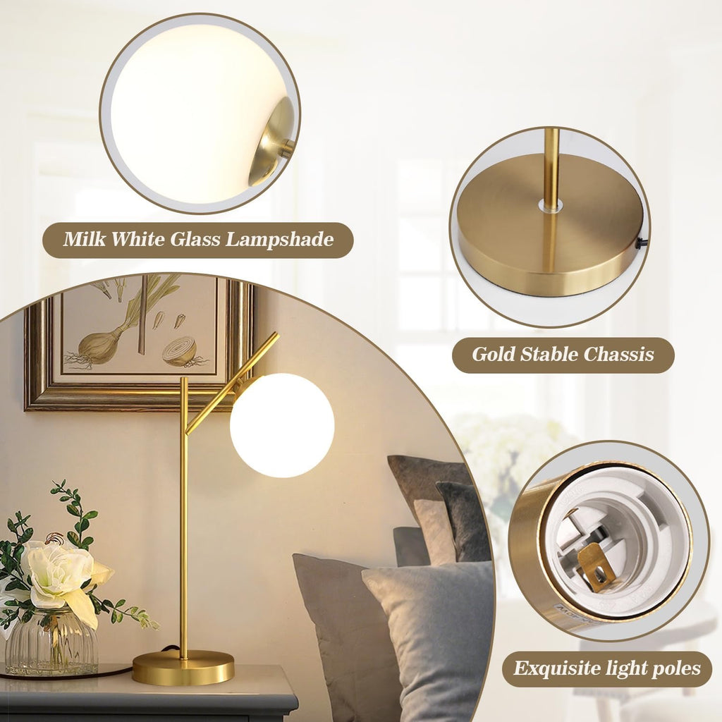 Mid Century Modern Table Lamp Brass Glass Globe | Contemporary Bedside Lamp with Milky White Glass Shade