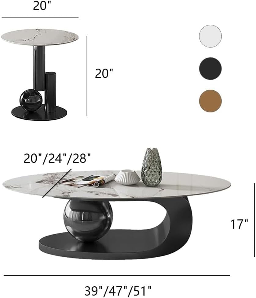Modern Faux Marble Coffee Table | Abstract Oval Stone Coffee Table with Metal Base – 39"