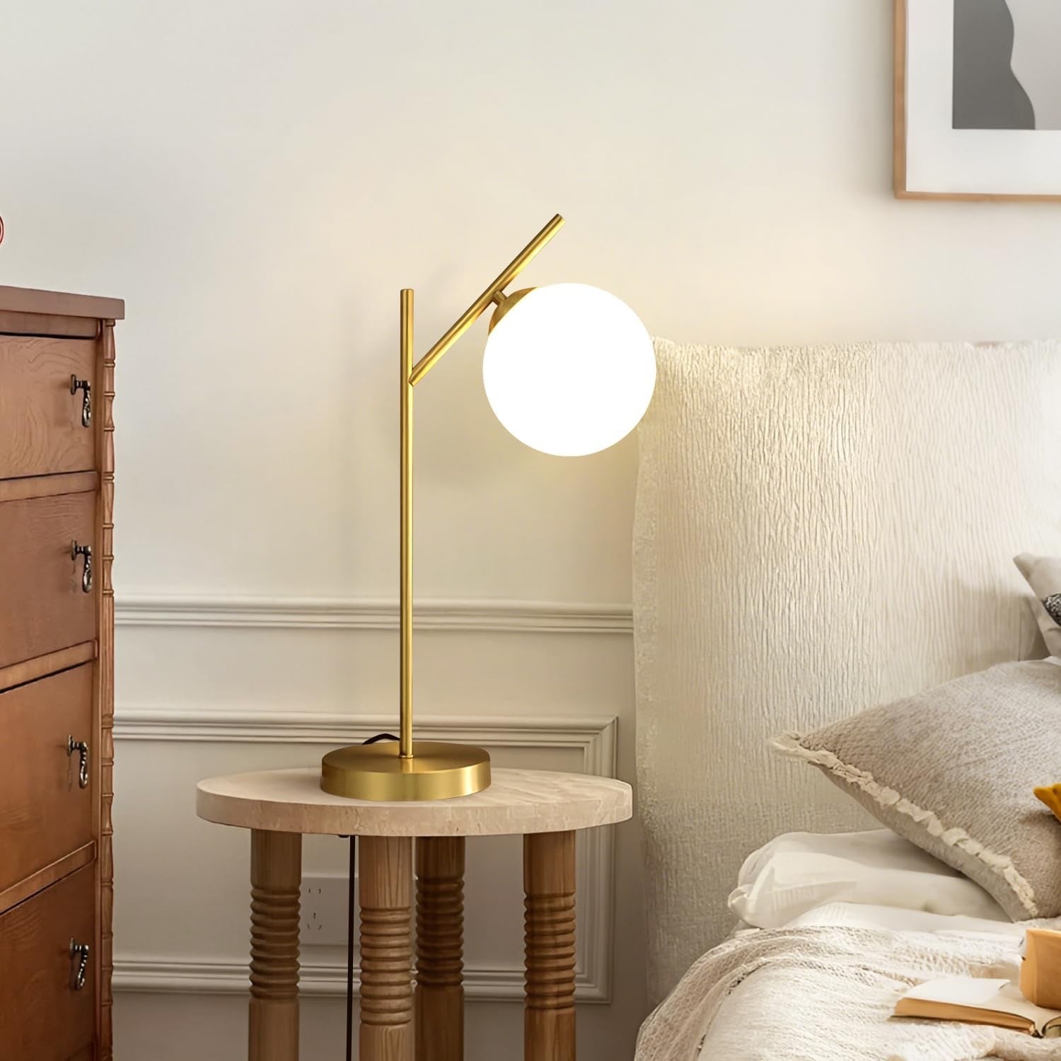 Mid Century Modern Table Lamp Brass Glass Globe | Contemporary Bedside Lamp with Milky White Glass Shade