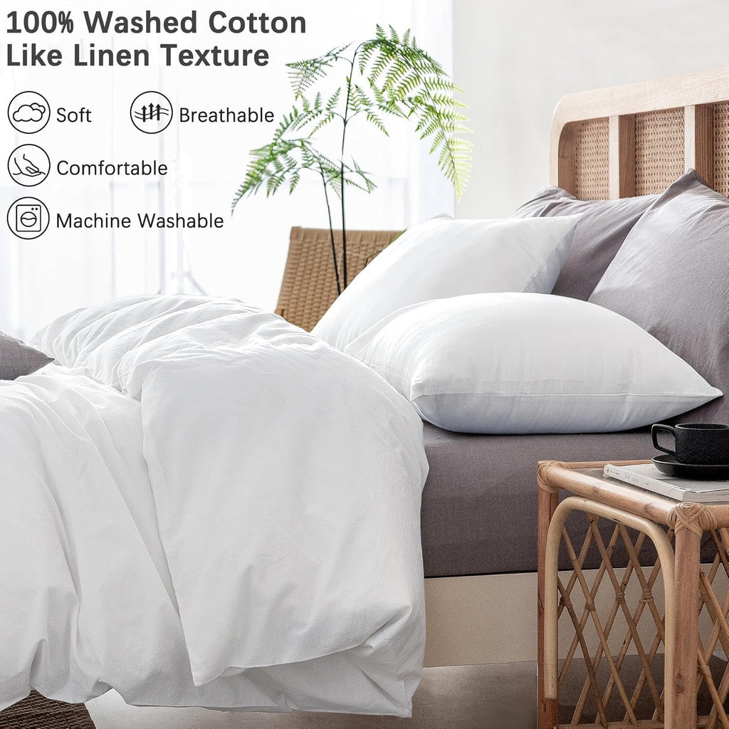 ATsense White Duvet Cover Set | Washed Cotton, Linen-Feel Hotel-Style Bedding (3-Piece)