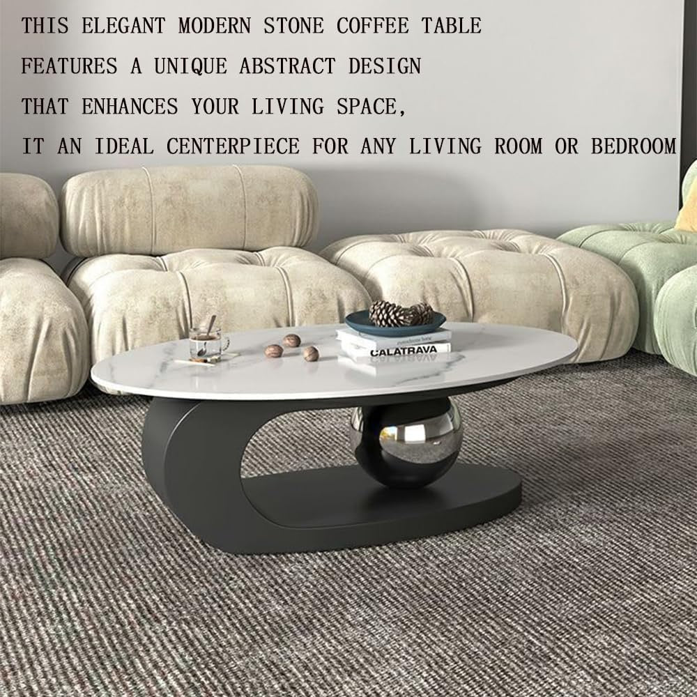 Modern Faux Marble Coffee Table | Abstract Oval Stone Coffee Table with Metal Base – 39"