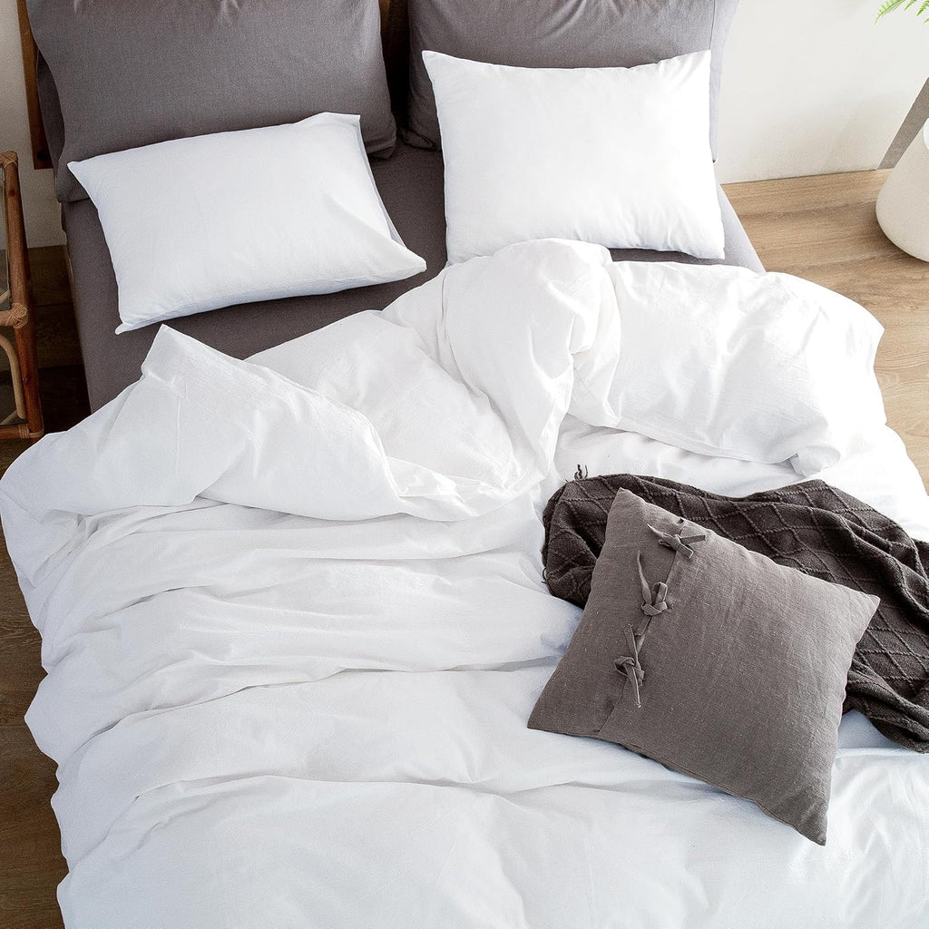 ATsense White Duvet Cover Set | Washed Cotton, Linen-Feel Hotel-Style Bedding (3-Piece)