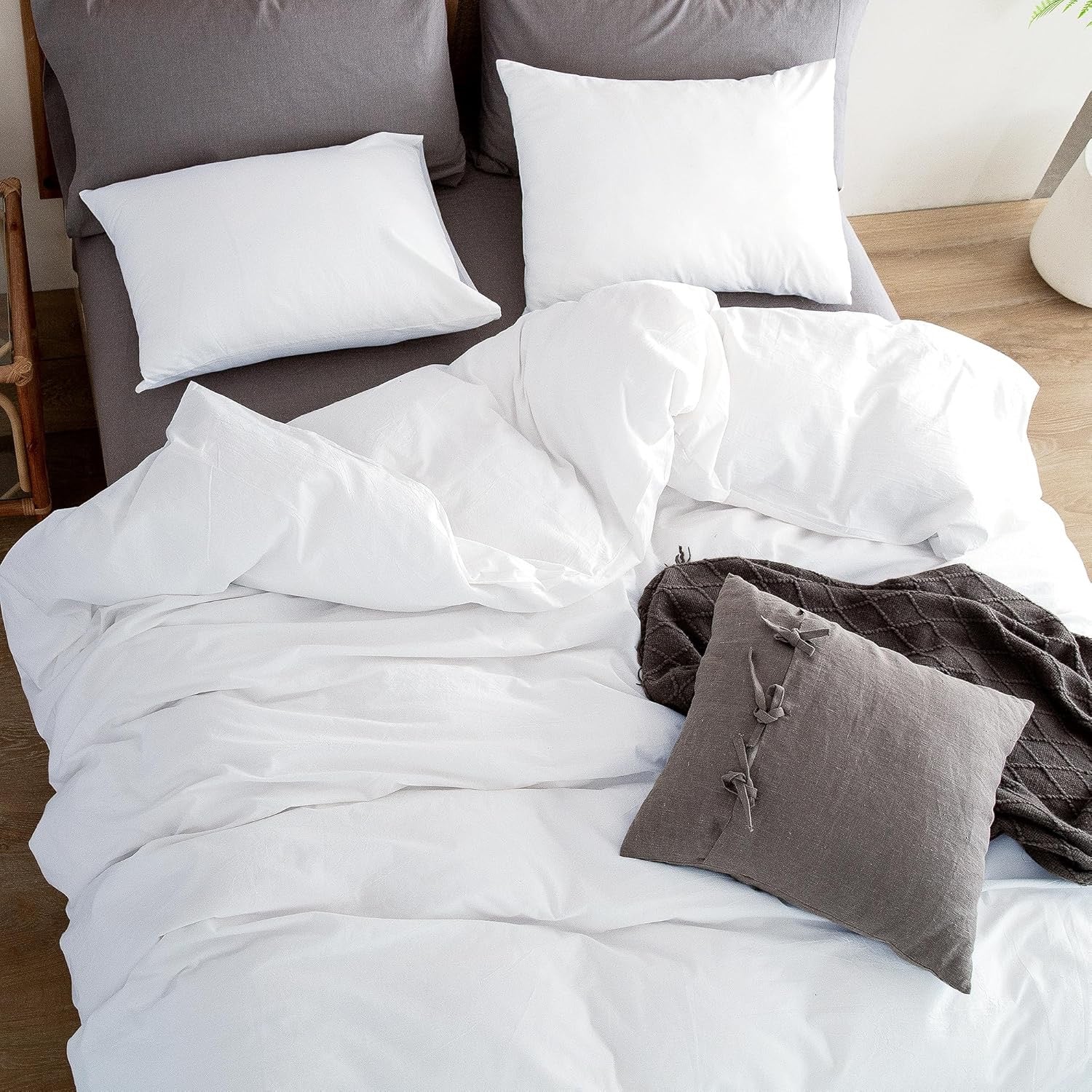 ATsense White Duvet Cover Set | Washed Cotton, Linen-Feel Hotel-Style Bedding (3-Piece)