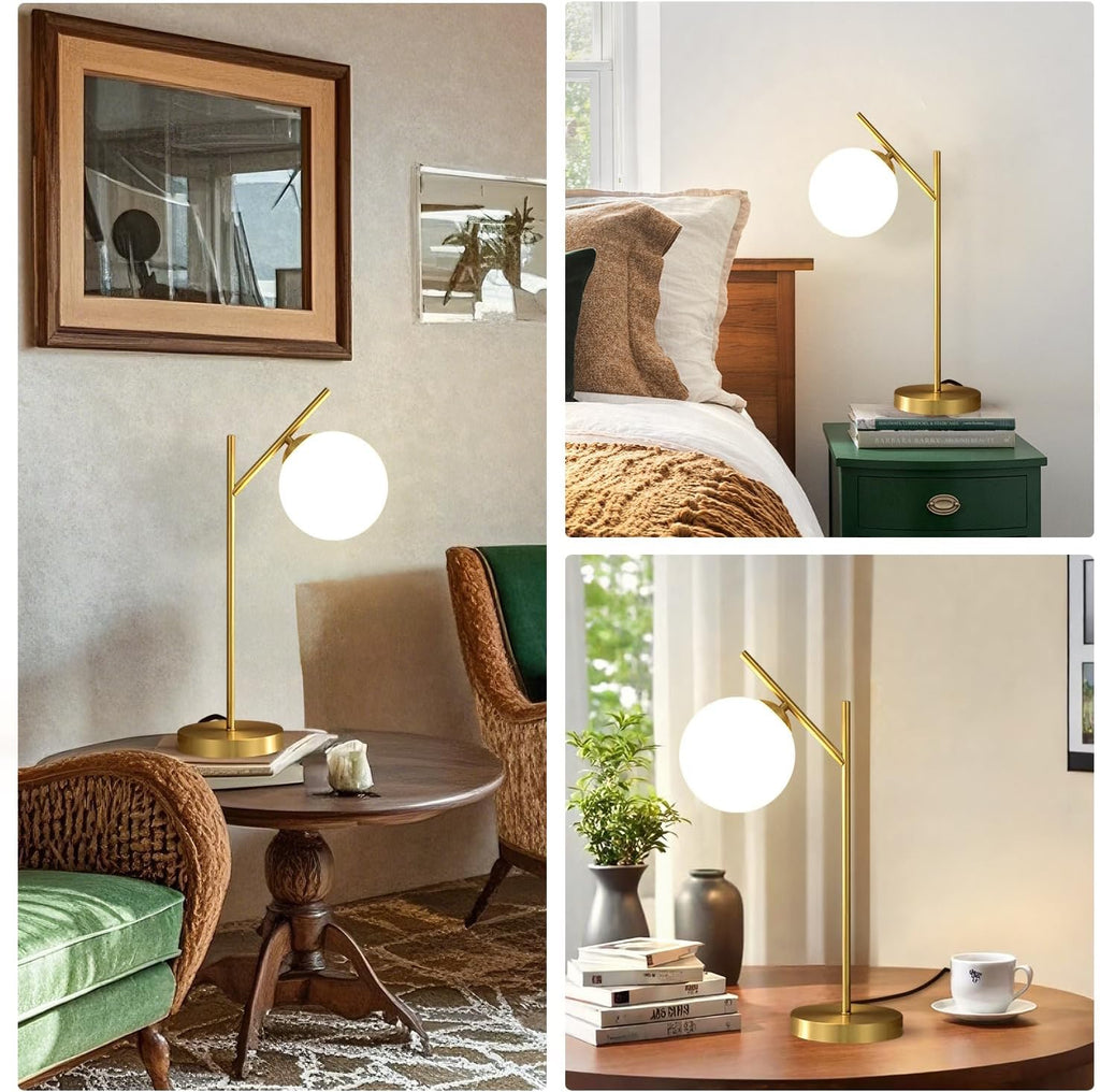Mid Century Modern Table Lamp Brass Glass Globe | Contemporary Bedside Lamp with Milky White Glass Shade