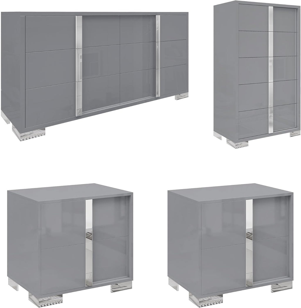 AMERLIFE 4-Piece High Gloss Bedroom Dresser Set | Modern White Storage Set with Nightstands, Chest & 6-Drawer Dresser