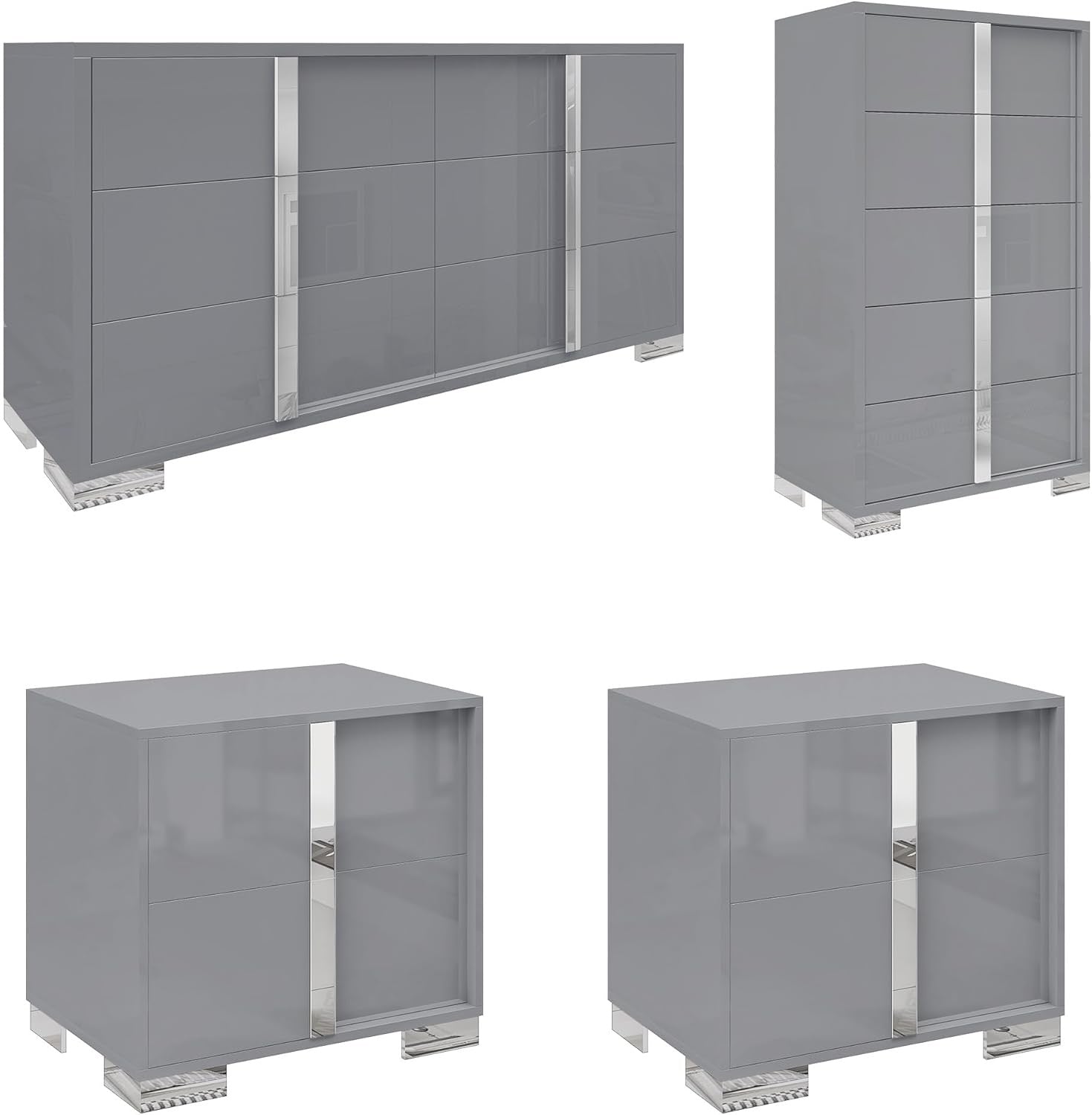 AMERLIFE 4-Piece High Gloss Bedroom Dresser Set | Modern White Storage Set with Nightstands, Chest & 6-Drawer Dresser