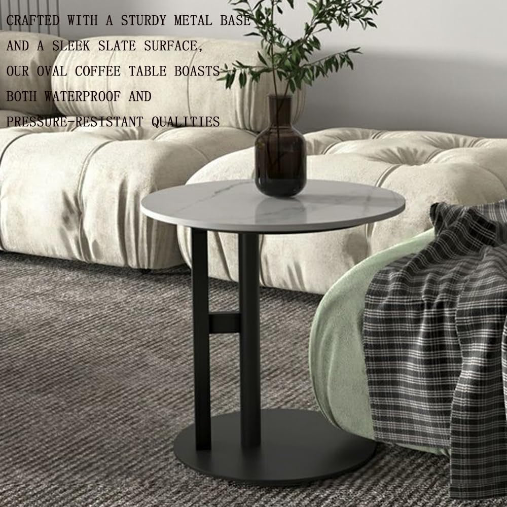 Modern Faux Marble Coffee Table | Abstract Oval Stone Coffee Table with Metal Base – 39"
