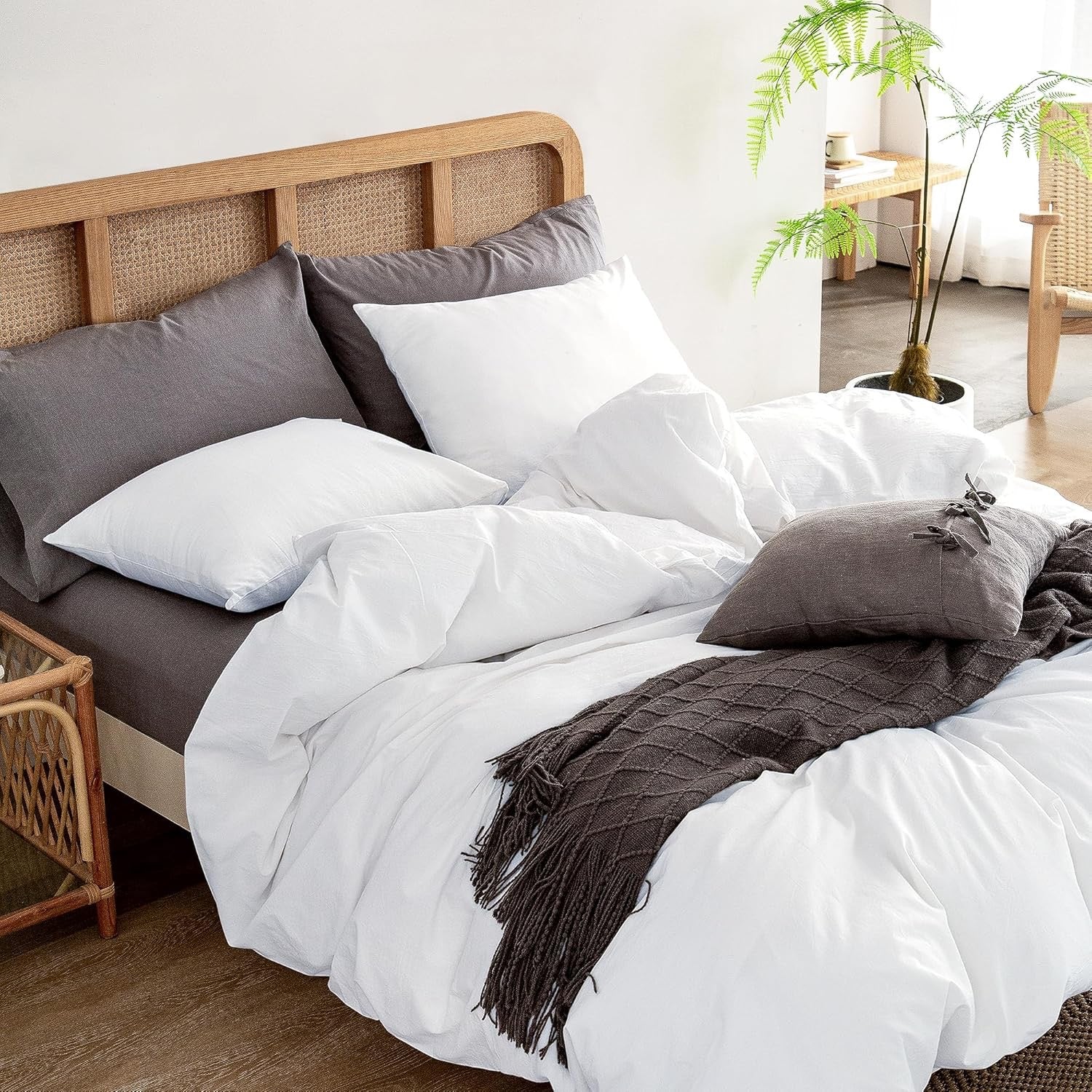 ATsense White Duvet Cover Set | Washed Cotton, Linen-Feel Hotel-Style Bedding (3-Piece)