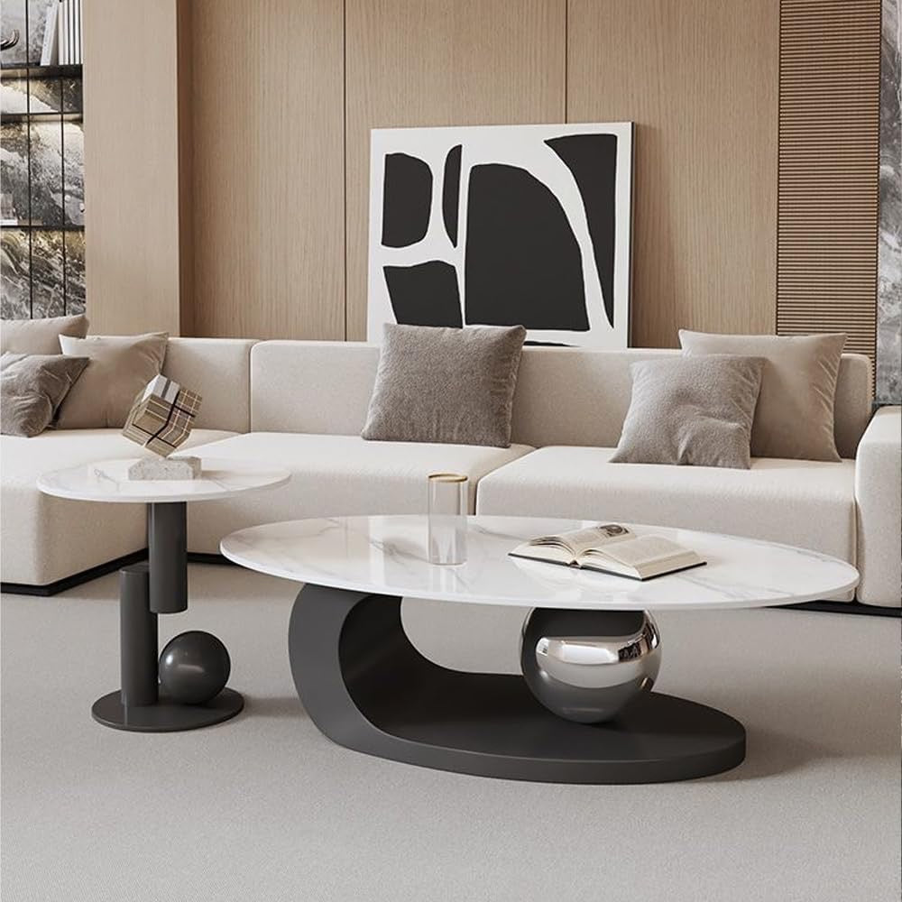 Modern Faux Marble Coffee Table | Abstract Oval Stone Coffee Table with Metal Base – 39"