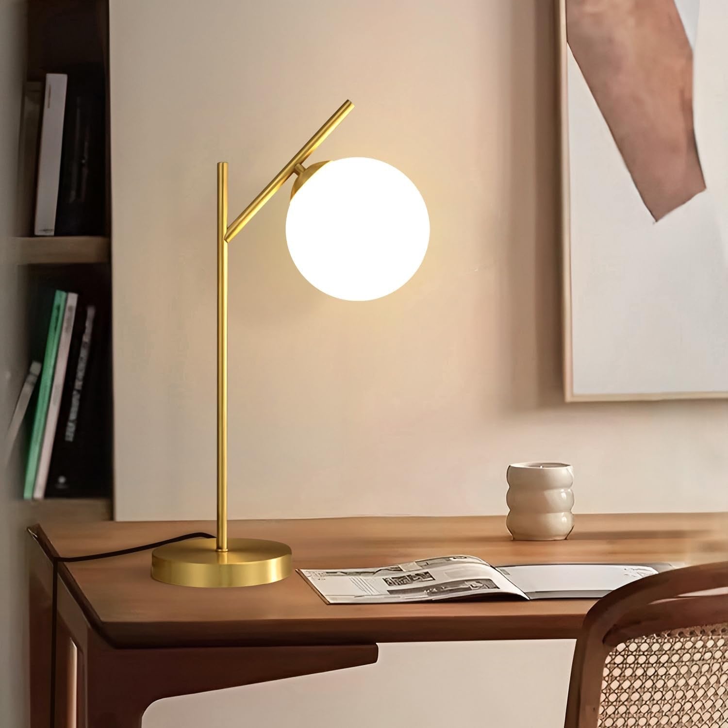 Mid Century Modern Table Lamp Brass Glass Globe | Contemporary Bedside Lamp with Milky White Glass Shade