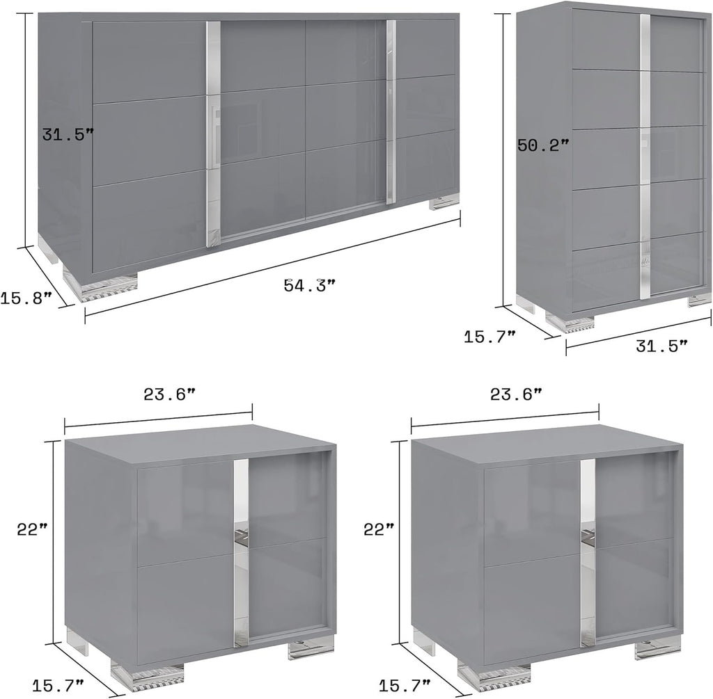 AMERLIFE 4-Piece High Gloss Bedroom Dresser Set | Modern White Storage Set with Nightstands, Chest & 6-Drawer Dresser