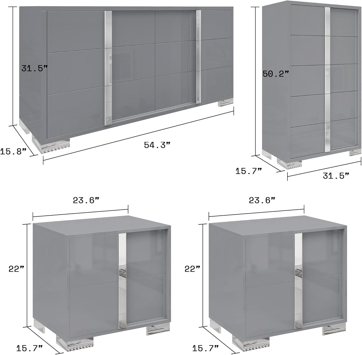 AMERLIFE 4-Piece High Gloss Bedroom Dresser Set | Modern White Storage Set with Nightstands, Chest & 6-Drawer Dresser