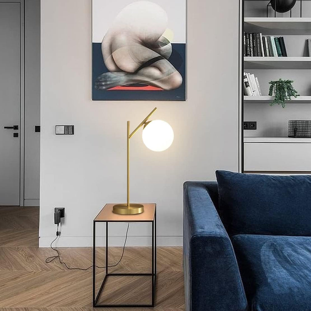 Mid Century Modern Table Lamp Brass Glass Globe | Contemporary Bedside Lamp with Milky White Glass Shade