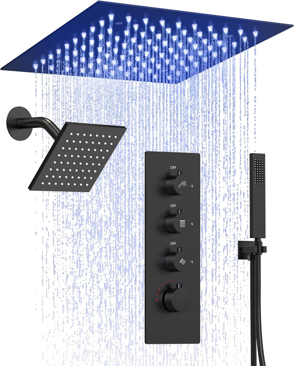 12” Ceiling Mount LED Rainfall Shower System | Matte Black Dual Shower Head with 64-Color Mood Lighting