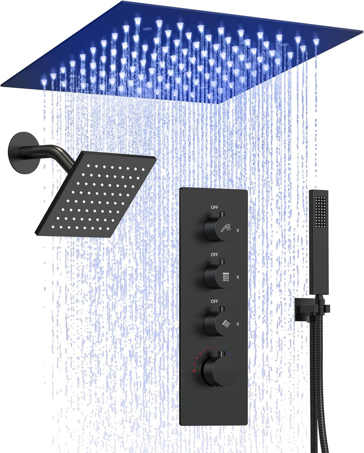 12” Ceiling Mount LED Rainfall Shower System | Matte Black Dual Shower Head with 64-Color Mood Lighting