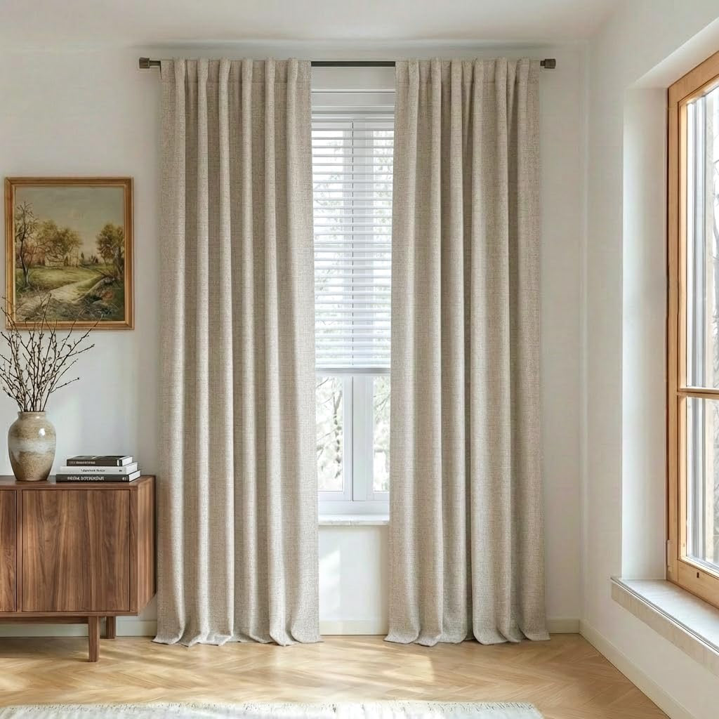NICETOWN 100% Blackout Linen Curtains – 90-Inch Natural Linen Thermal Insulated Drapery Panels