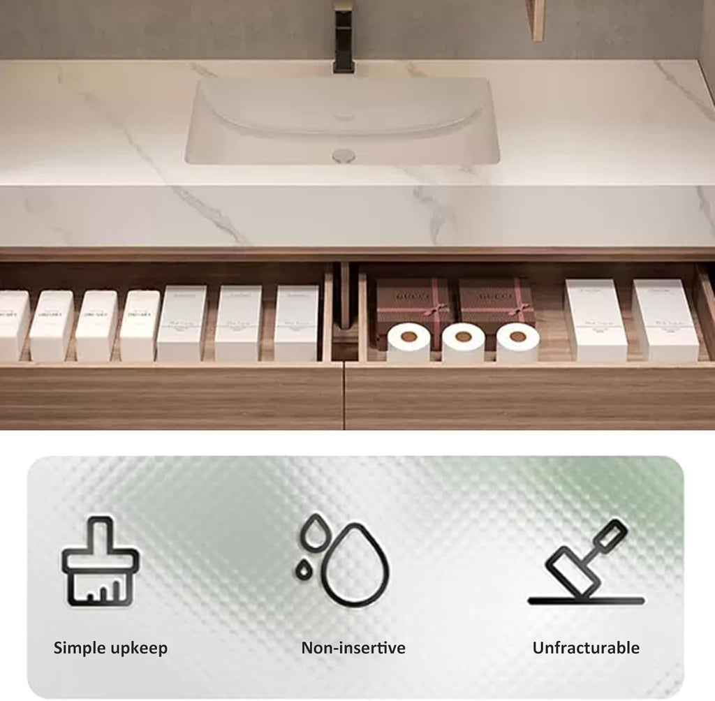 Floating Wood Bathroom Vanity – 36" with LED Mirror | Marble Countertop | 2 Deep Drawers + Open Shelf