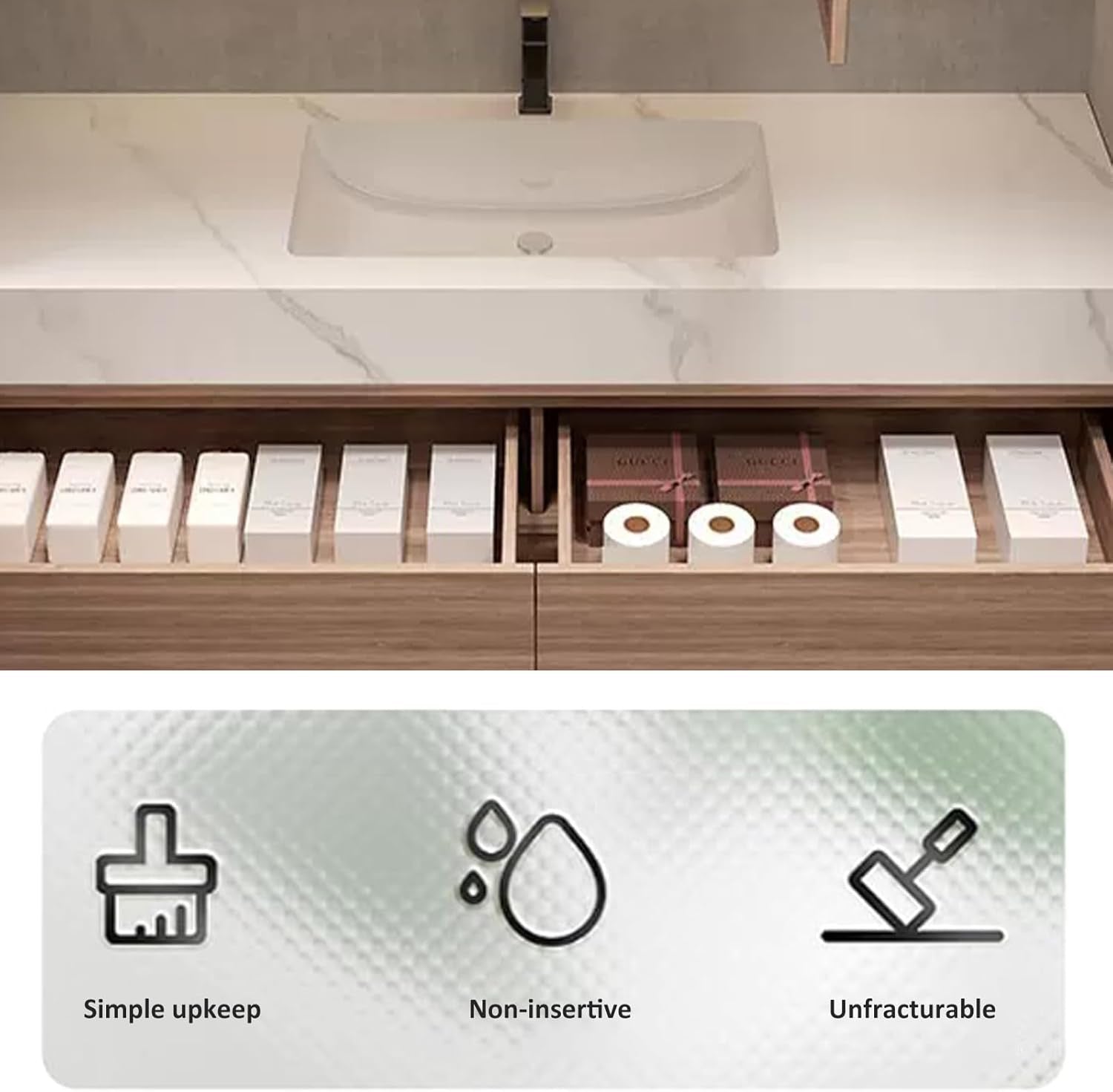 Floating Wood Bathroom Vanity – 36" with LED Mirror | Marble Countertop | 2 Deep Drawers + Open Shelf
