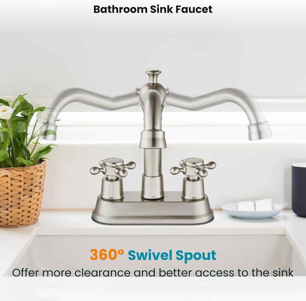 gotonovo 4 Inch Centerset Bathroom Faucet | Brushed Nickel Cross Handle Vanity Faucet with Pop-Up Drain