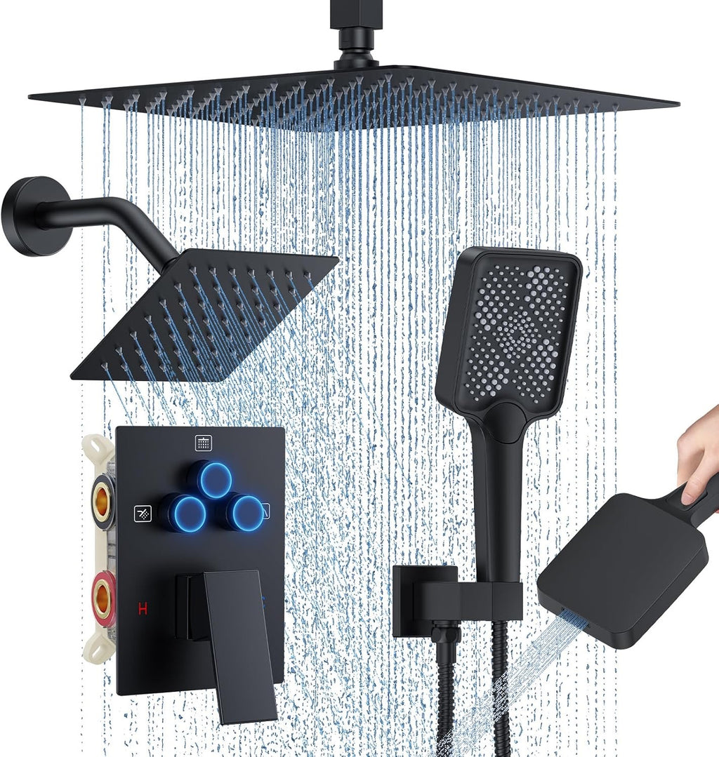 12" Ceiling Mount Rainfall Shower System Matte Black | Dual Shower Heads with Handheld & Push Button Diverter Faucet Kit