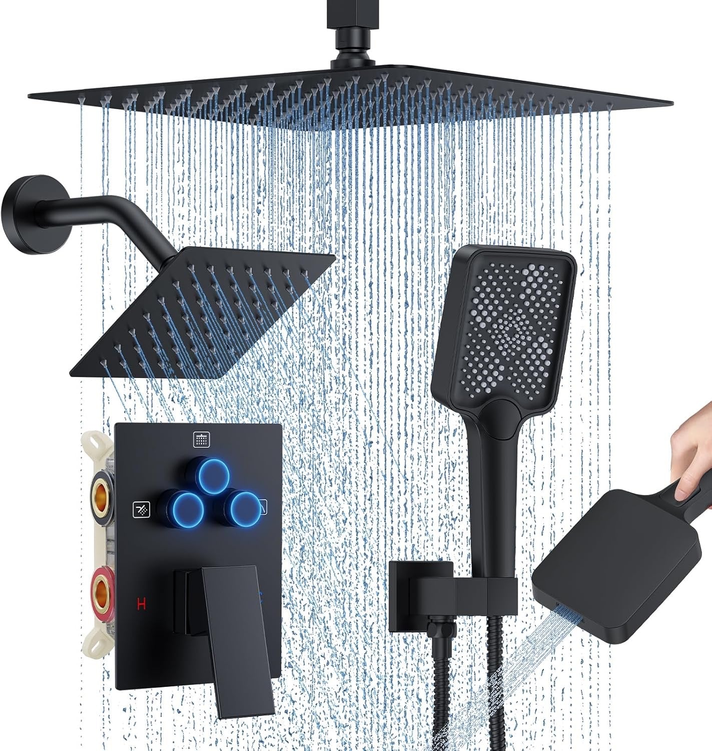 12" Ceiling Mount Rainfall Shower System Matte Black | Dual Shower Heads with Handheld & Push Button Diverter Faucet Kit