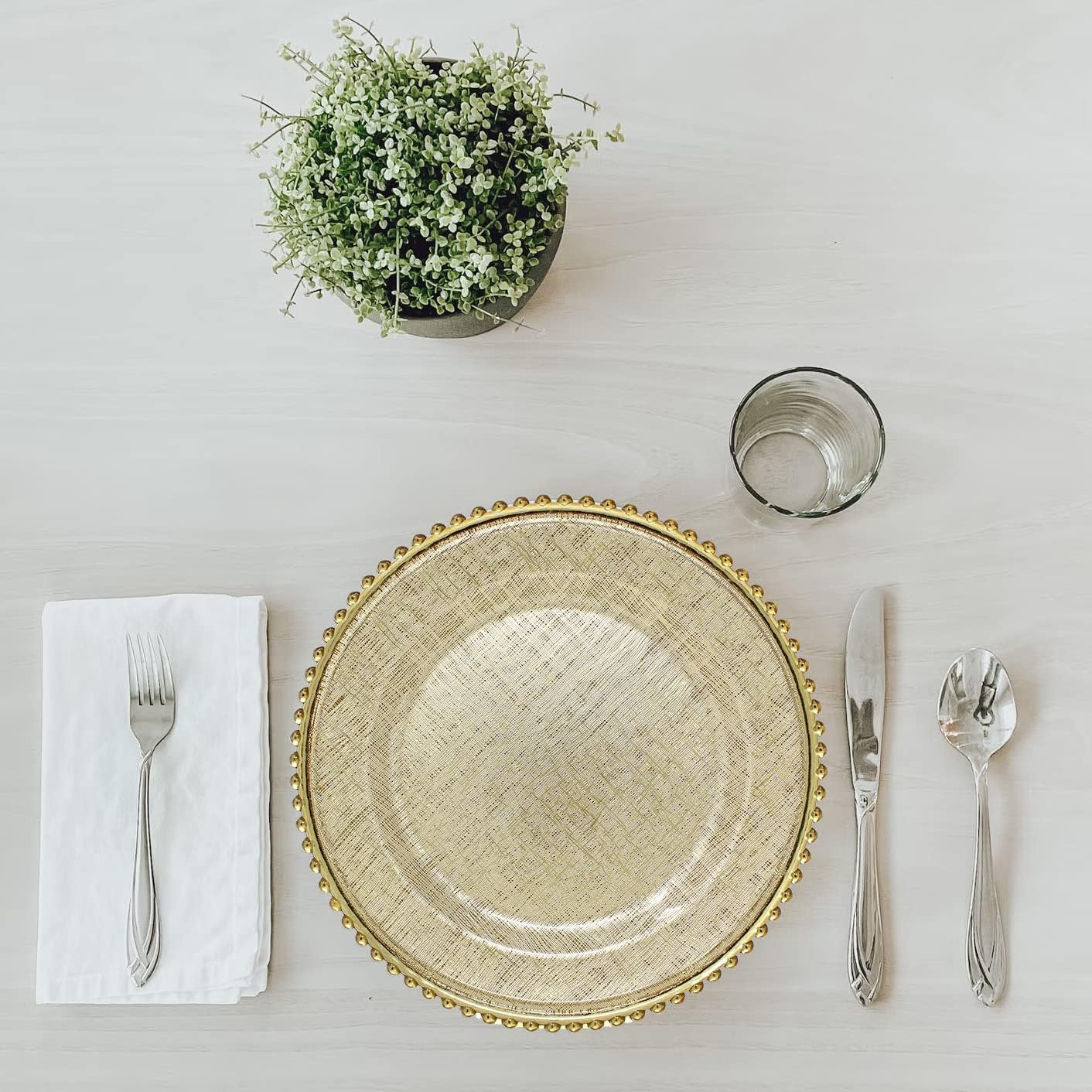 Ms Lovely Cross Stitch Glass Charger Plates 13 Inch Gold Set of 4 | Beaded Rim Elegant Dinner Charger Plates
