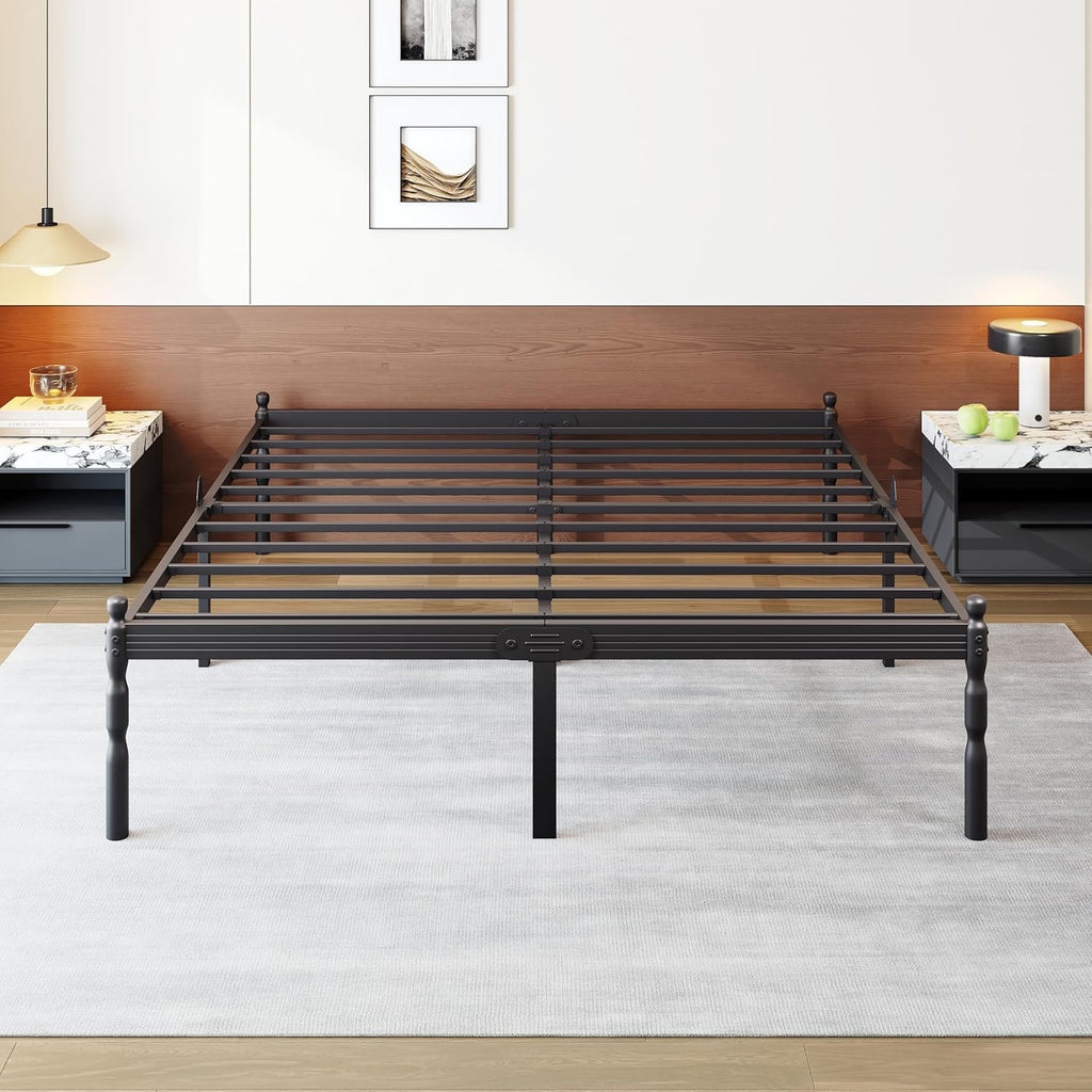 COMASACH Heavy Duty King Platform Bed Frame | Metal Frame with Storage & Mattress Stopper – Black