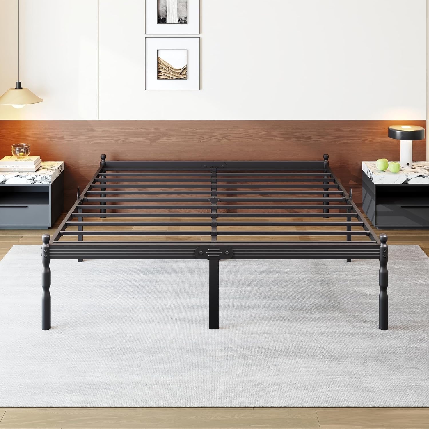 COMASACH Heavy Duty King Platform Bed Frame | Metal Frame with Storage & Mattress Stopper – Black